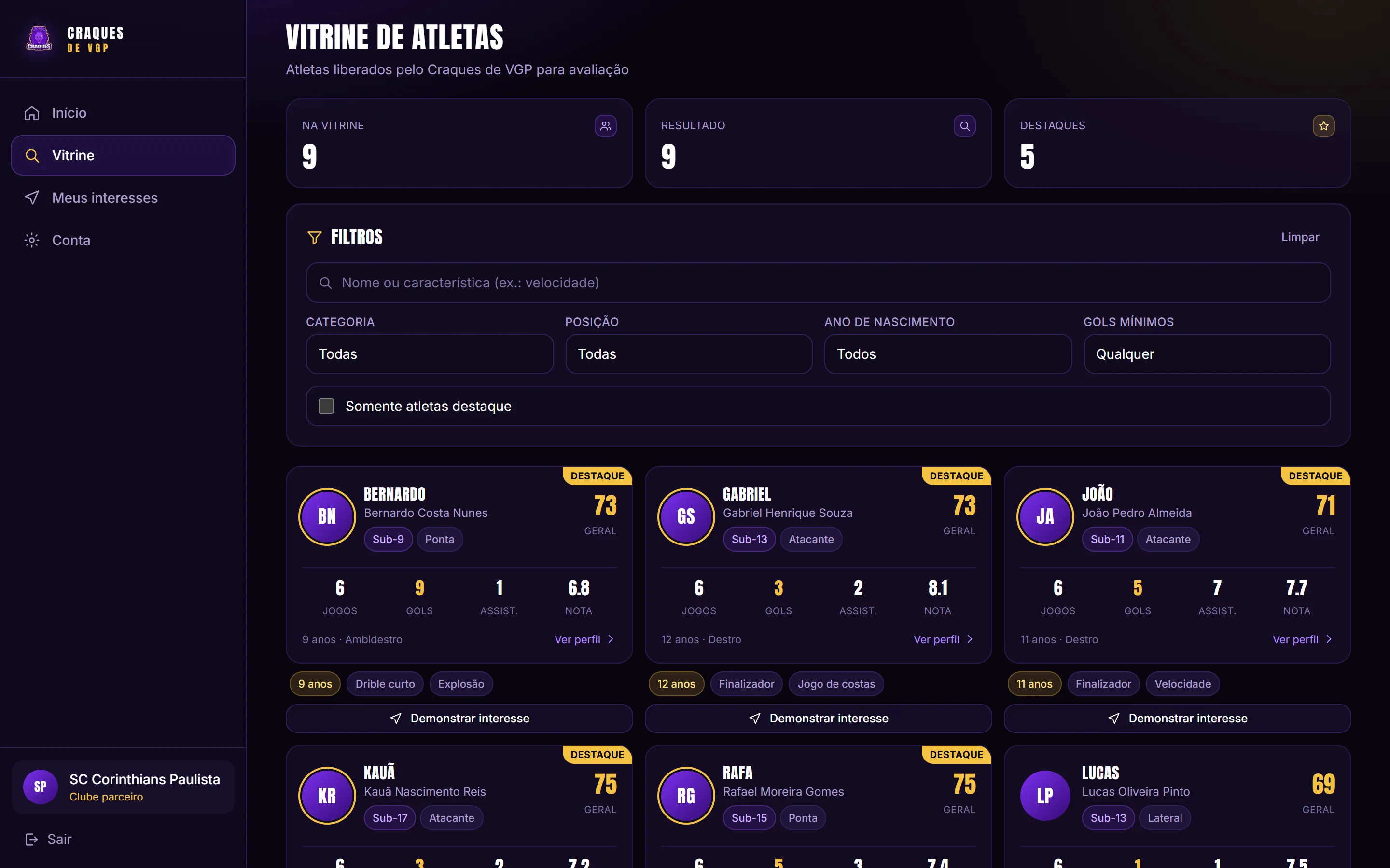 Vitrine de atletas para clubes parceiros