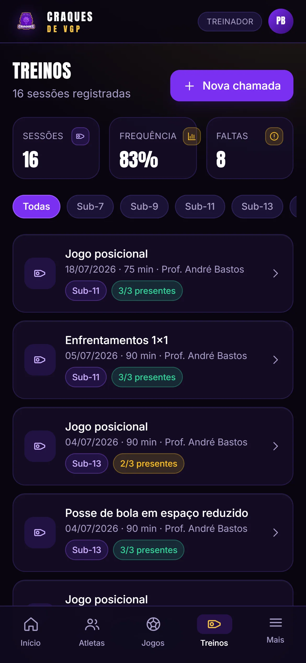 Treinos e chamada